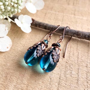 Antique Copper Victorian Boho Style Drop Earrings with Aqua Blue Czech Glass