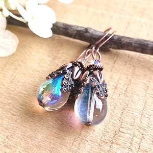 Victorian Boho Style Drop Earrings in Translucent Czech Glass with AB Finish in Antique Copper