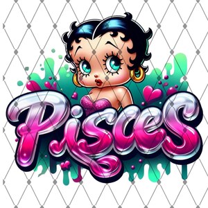 May include: A cartoon illustration of a woman with blue eyes and black hair wearing a pink dress with glitter. The word "Pisces" is written in pink and white letters with a glossy finish. The background is a green and pink splatter pattern.