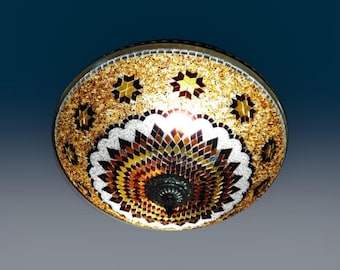 Lámpara de techo empotrada de mosaico turco hecha a mano: Estrellas marrones, arte turco en vidrieras.