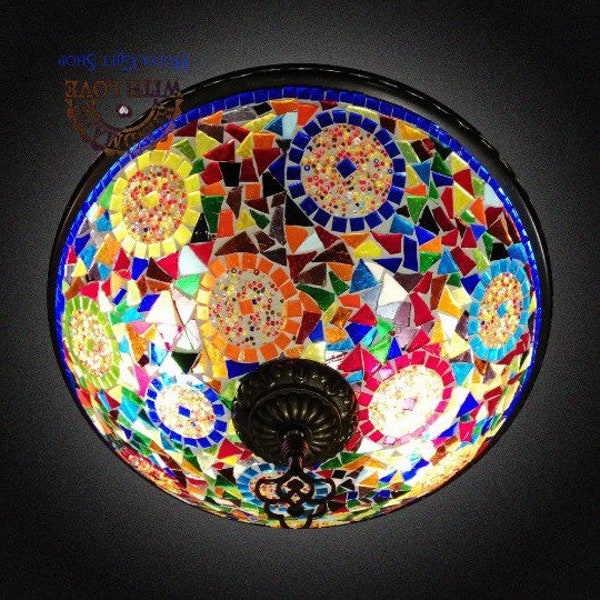 Turkish Lamp,Moroccan Lamp, Hand Made Lamp,Multi color,Blue Border,Circles Mosaic Glass Lamp, Wall and Flush Ceiling Lamp, Living Room, Sofa