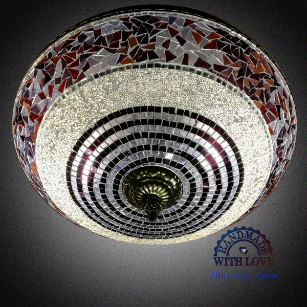 Purple Waves Turkish Lamp, Moroccan Lamp, Hand Made Lamp, Mosaic Lamp, Glass Lamp for Wall and Flush Ceiling Lamp, Living Room, Sofa (AR406)