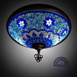 Starlight Blue Turquoise White Stars Turkish Flush Lamp,Moroccan Lamp,Hand Made Lamp,Mosaic Glass Lamp,Wall And Ceiling Lamp,Sofa (AR405)