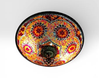 Handmade Turkish Mosaic Flush Mount Lamp: Desert Rose Red Orange Glass
