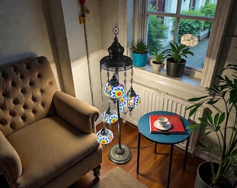 Lámpara de pie de mosaico turco hecha a mano: estilo palacio otomano, 5 esferas, vitral turco.