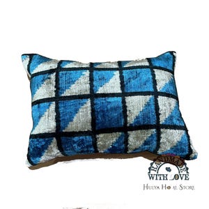 Silk Velvet Lumbar Pillow Cover: Teal Blue Plaid Turkish Cushion