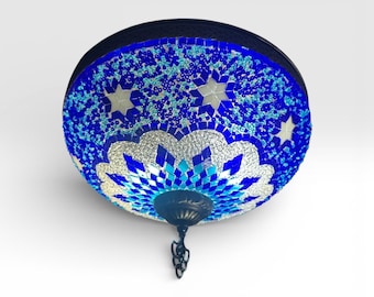 Handmade Turkish Mosaic Flush Mount Lamp: Blue Turquoise Star Light