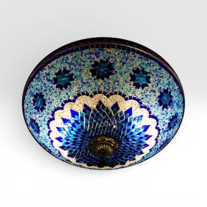 Handmade Turkish Mosaic Flush Mount Ceiling Lamp: Blue Turquoise Star Turkish Staining Glass Art