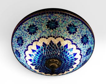 Lámpara de techo empotrada de mosaico turco hecha a mano: Arte de vitral turco con estrella azul turquesa
