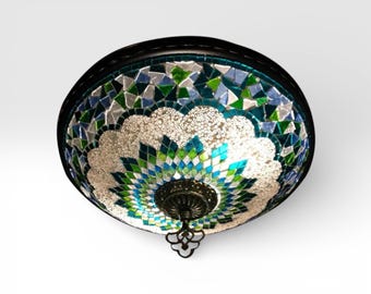 Lámpara de techo empotrada de mosaico turco hecha a mano: turquesa, verde y azul