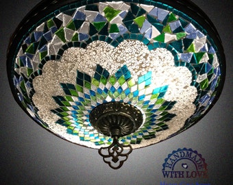 Turquoise Green Blue Turkish Flush Lamp, Moroccan Lamp, Hand Made Lamp, Mosaic Glass Lamp, Wall And Ceiling Lamp, Living Room, Sofa (AR405)