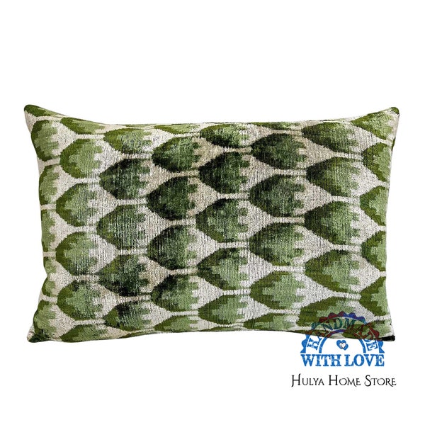 Myrtle green, Reseda green,Cream Beige, Velvet ikat, pillow cover,Lumbar pillow cover,turkish cushion cover,silk velvet fabric,gift for home