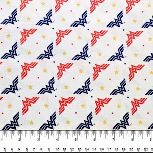 100 % Cotton,Camelot,White Wonder Women Logo Fabric,Believe in Wonder,SuperHero,DC Comics,Textiles,Yellow Star,Animate,Novelty,BTY