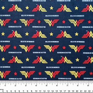 100 % Cotton,Camelot,Blue Wonder Women Logo Fabric,Believe in Wonder,SuperHero,DC Comics,Textiles,Red Star,Animate,Novelty,BTY