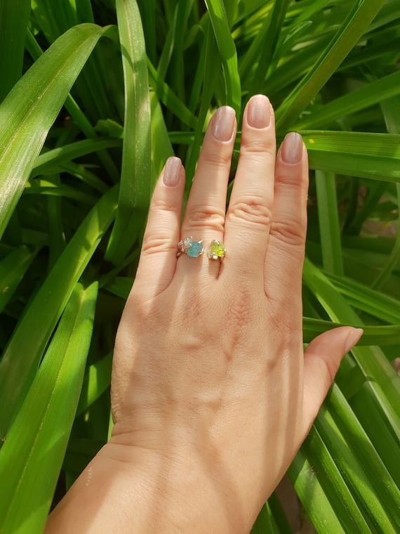 Raw Peridot and Aquamarine Ring Natural Rough Sterling Silver