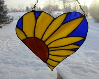 Stained Glass Sunflower Heart Sun Catcher