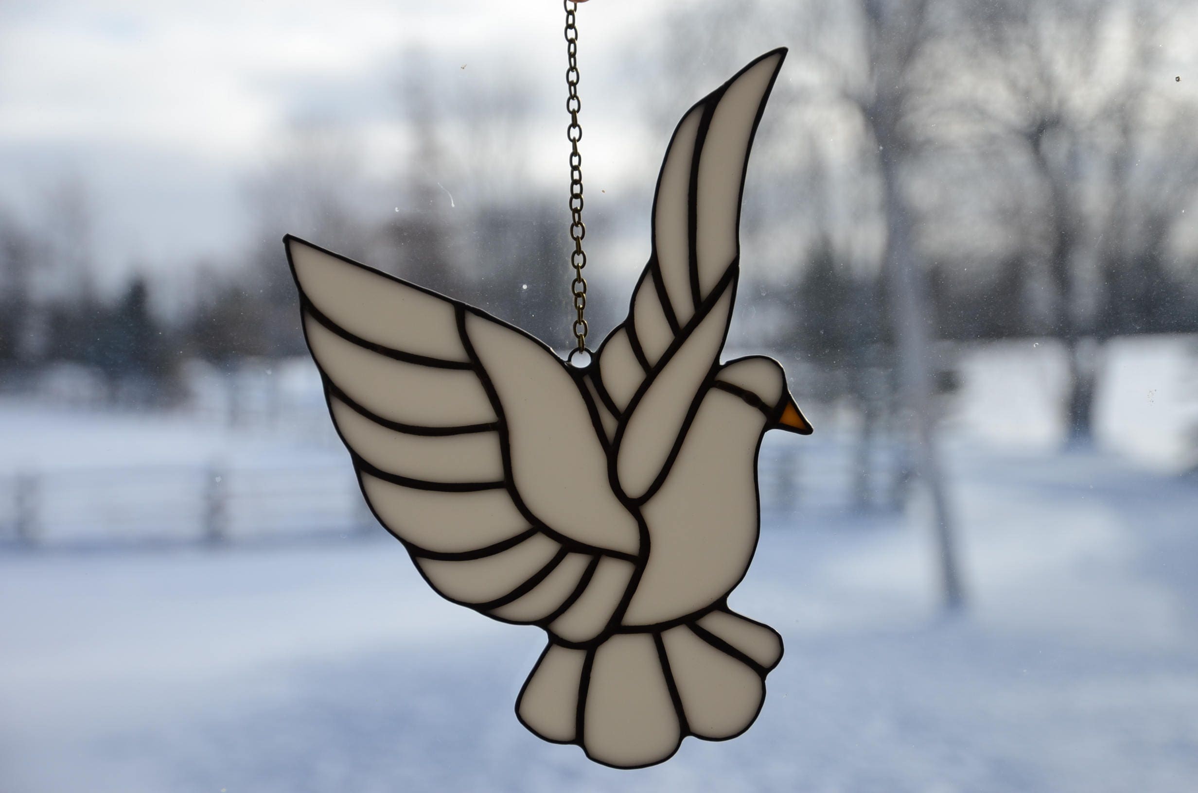 SNOW WHITE DOVE with HAND SCROLLED WIRE WINGS Stained Glass BIRD SUNCATCHER GIFT 