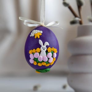 Handmade Purple Easter Egg Ornament with Bunny, Flowers, and Star Sun - Unique Spring Decor, Easter basket and Tree