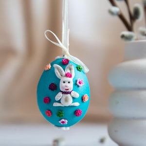 Handmade Blue Easter Egg Ornament, Polymer Clay Bunny Decor, Floral Spring Hanging, Unique Easter Tree Decoration, Whimsical Rabbit Gift