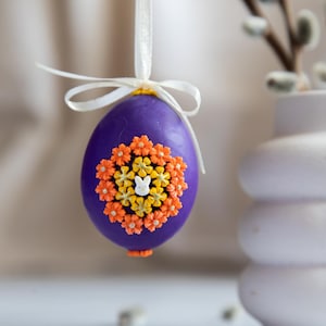 Vibrant Purple Easter Egg Ornament, Orange & Yellow Flower Decor, Spring Gift, Handmade Easter Decor, Hanging, Easter Gift