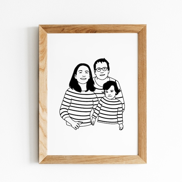 Portrait personnalisé famille minimaliste noir et blanc, illustration sur mesure, poster, affiche, dessin