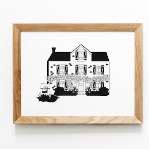 Retrato de casa minimalista en blanco y negro personalizado, ilustración a medida, póster, póster, dibujo