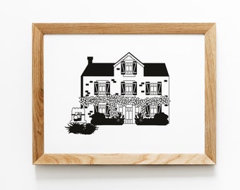 Custom house portrait, minimalist black and white illustration, poster, drawing