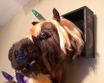 Brown shaggy / fluffy unicorn taxidermy wall decor/