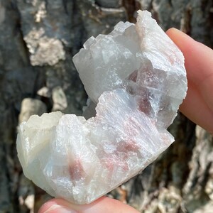 May include: A cluster of white selenite crystals with a pink hue. The crystals are translucent and have a layered, striated appearance.