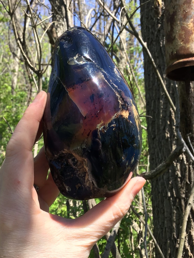 May include: A large, smooth, polished, black and purple agate stone with a unique, swirling pattern. The stone is held in a hand.
