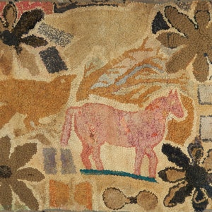 May include: A vintage hooked rug with a pink horse, a brown bird, and floral designs in shades of brown, black, and white.