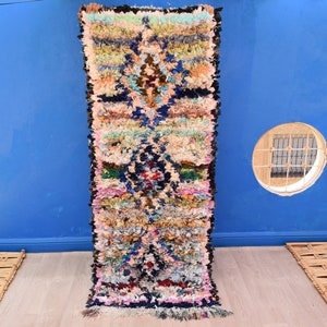 Colorful Boucherouite Rug 6&#39;4&quot; x 2&#39;5&quot; : Rag Rug Vintage Rug Moroccan Rug Boucherouite Rug Moroccan Shag Rug Azilal Rug