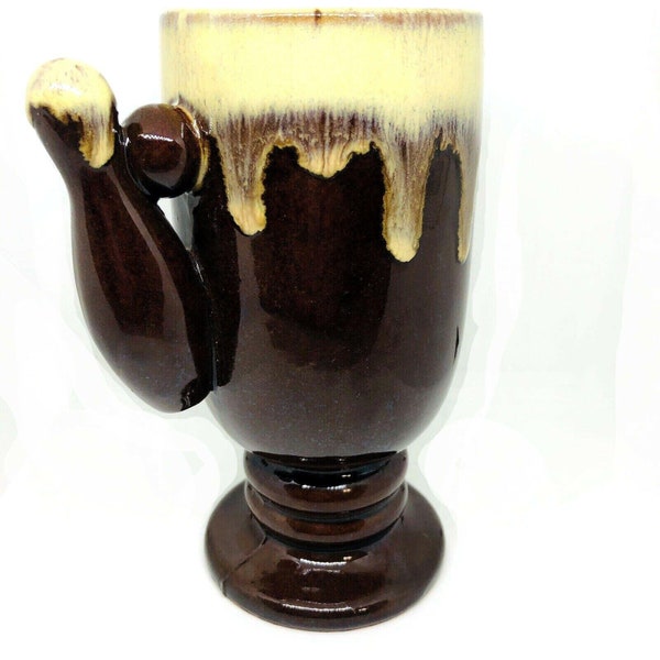 MAFCO Mug Vintage Japan Redware Brown Froth Drip Bowling Pin Ball Footed 1960s