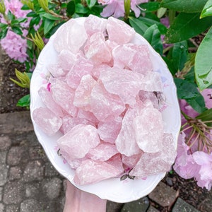 May include: A white, floral-patterned dish overflowing with raw, light pink rose quartz crystals. The crystals have a rough, natural texture. The dish is held in front of a backdrop of green leaves and pink flowers.