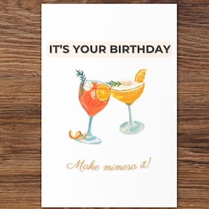 Biglietto di compleanno Mimosa stampabile / Biglietto di compleanno divertente da scaricare in formato digitale / Biglietto fai da te con champagne / Regalo di compleanno da scaricare all'istante