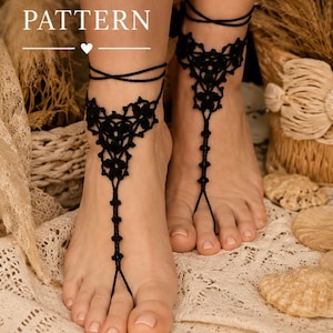 May include: Black crochet barefoot sandals with a floral design. The sandals are connected by a string that wraps around the ankle and the big toe. The text "PDF PATTERN" is displayed in white.