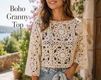 Gerbera Daisy Crochet Top Pattern PDF: Boho Granny Square Tank Top (Digital Download)