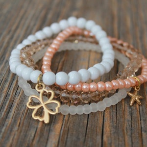 Starfish Beach wedding bracelet,Summer bracelet,White-peach beaded bracelet,Set of 4 bracelet,Wedding bracelet,Bridal jewelryBridesmaid gift