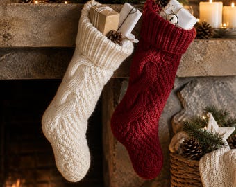 May include: Two cable-knit Christmas stockings, one cream and one deep red, hang side by side. Each stocking features a folded cuff and is filled with small wrapped gift boxes. The stockings are made of thick yarn with a textured pattern.
