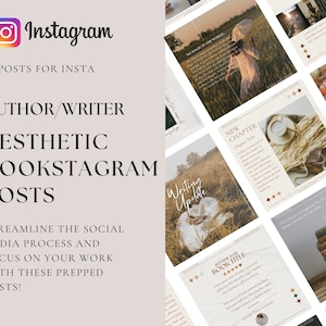 Könnte beinhalten: Eine Sammlung von 30 ästhetischen Instagram-Post-Vorlagen für Autoren und Schriftsteller. Die Vorlagen zeigen eine Vielzahl von Bildern, darunter Bücher, Kaffeetassen und Naturszenen. Der Text auf den Vorlagen enthält Sätze wie "Schreib-Update", "Neues Kapitel" und "Buchtitel".