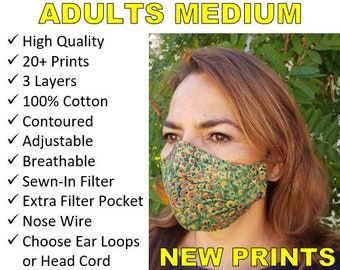 Beautiful Face Masks, 3 Layer Mask, Contoured Mask, Adult Face Mask with Filter Pocket Made in USA, Adjustable Mask, Ear Loops OR Head Cord!