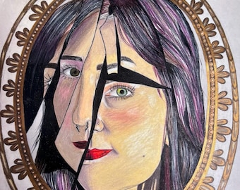 May include: A drawing of a woman's face reflected in a cracked oval mirror with a gold ornate frame. The mirror is broken into several pieces, and the woman's face is distorted and fragmented.