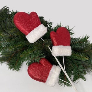 28 Christmas Spray-Glittered Mittens w/ Fur-Christmas Floral for Christmas Tree Wreath or Vase-Christmas Decor-Holiday Decor-Floral Supply image 5