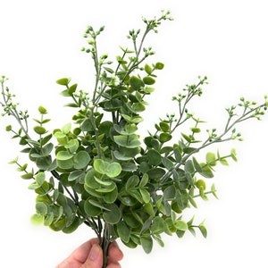 14" Floral Greenery Bush/Pick/Spray/Stem/Filler-Artificial Seeded Eucalyptus-2 Tone Green-Farmhouse Greenery-Farmhouse Decor-Floral Supply