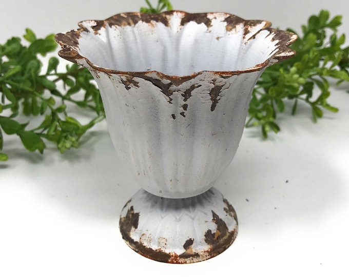 Rustic Metal Pedestal Urn Planter with Scalloped Edge, French Decor, Vintage Inspired Decor (CHOOSE from 4 SIZES)