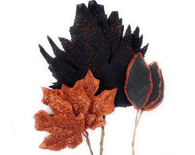 Fall Leaves on Stem Glittered, Halloween Leaves, Fall Decor, Halloween Decor