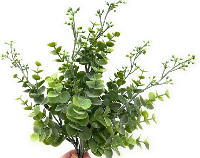 14" Floral Greenery Bush/Pick/Spray/Stem/Filler-Artificial Seeded Eucalyptus-2 Tone Green-Farmhouse Greenery-Farmhouse Decor-Floral Supply