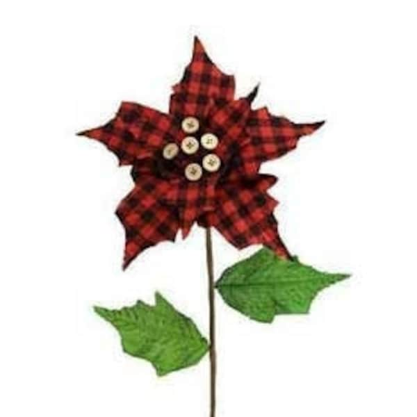 Buffalo Check Christmas Poinsettia Flower Spray on Stem w/Buttons & Burlap Leaves-Farmhouse Style Christmas Decor-Holiday Home Decor