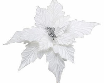 Large White Velvet Artificial Christmas Poinsettia Flower on Stem w/ Glittered Edge Petals-Traditional Holiday Home Christmas Decor