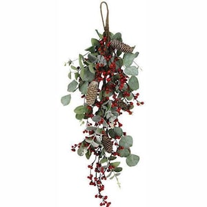 30" Farmhouse Christmas Swag Wreath for Front Door/Wall w/ Eucalyptus & Berries-Winter Teardrop Swag-Wreath Base-Wreath/Floral Supply